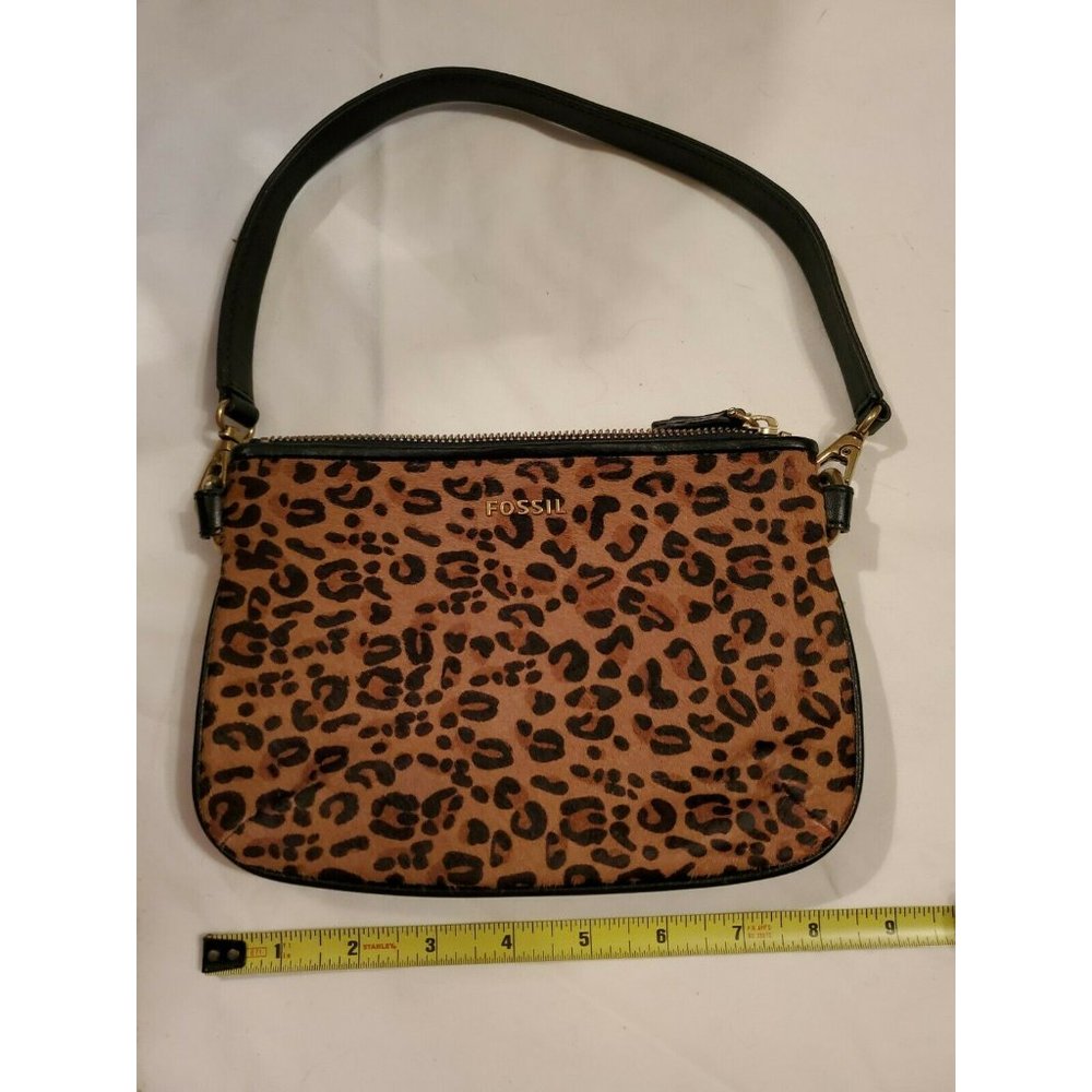 FOSSIL Top Zip Mini Shoulder Bag Clutch Cheetah Animal Print Calf Hair